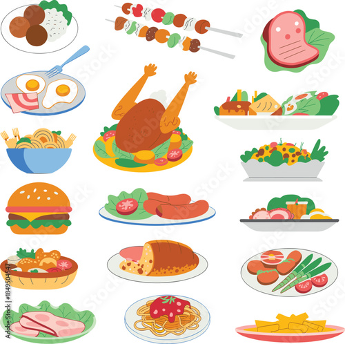 food dish illustration set, international cuisine vector icons, colorful meal design, restaurant menu artwork, dietary planning and educational food pack
