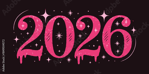Vibrant pink 2026 typography with sparkling stars on black background