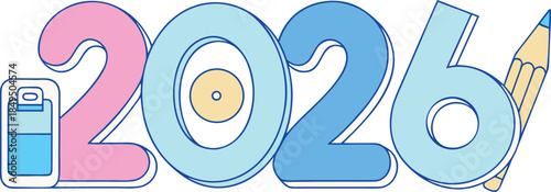 2026 Number Formed From Minimalist Desk Stationery Items on Clean White Background, Creative New Year Concept Using Office Supplies, Modern Flat Lay Design, Simple Typography Style Illustration