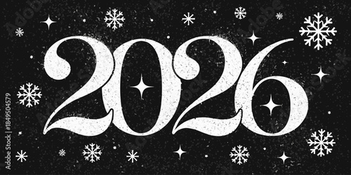 Sparkling white 2026 text with snowflakes on black background