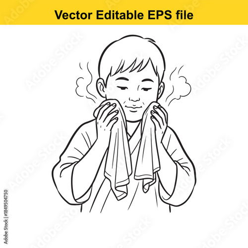  a black and white line drawing of a boy wiping sweat from his face with a towel vector illustration