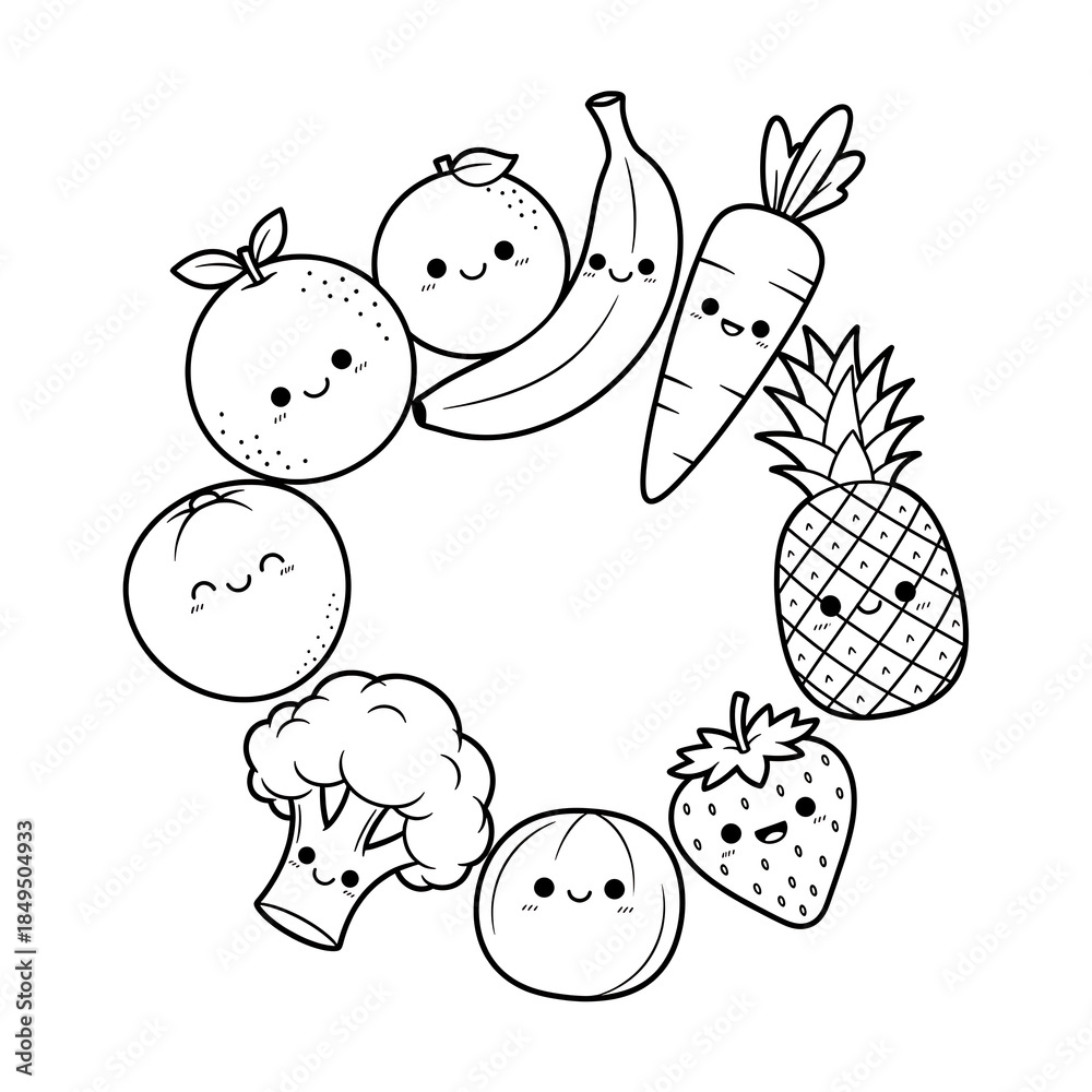 Fototapeta premium Cute cartoon fruits and vegetables line art in a circle healthy food for kids coloring page