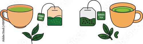 Herbal and green tea illustration set, cartoon cups with healthy drink, cozy beverage, natural tea, kitchen clipart, cartoon drink, tea illustration, herbal tea cup, green tea bag, tea leaf drawing, 