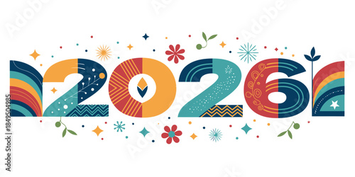 Vibrant 2026 typography with colorful flowers and stars