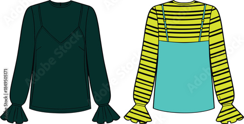 Long-sleeved top illustration set, cartoon fashion clipart, layered blouse and shirt design, colorful garment artwork, trendy outfit concept, clothing construction elements