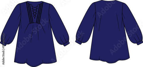 Front and back view of long sleeve pleated tunic dress, dark blue fashion sketch, gathered cuff, flared hem, technical garment illustration vector