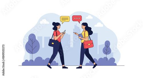 Two young women walking and engaging in a lively conversation in a city park, with one using a smartphone to communicate.