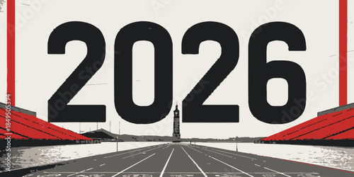 Futuristic highway leading to 2026 with modern bridge and cityscape