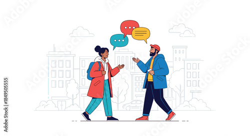 Young man and woman having a friendly conversation while walking down a city street, illustrating communication and social interaction.