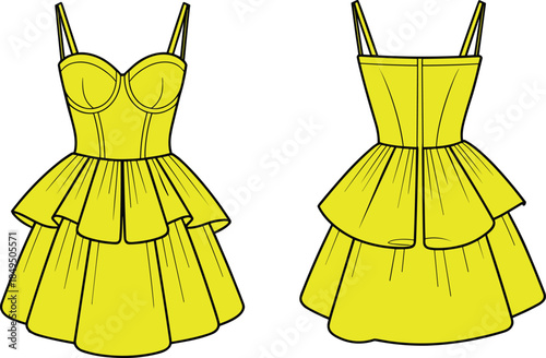 Deep red dress technical sketch, bust cup bodice, layered peplum skirt, thin straps, fitted waist, front and back view