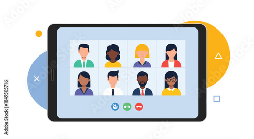 Tablet screen displaying a virtual meeting with a diverse team of eight people in a grid view for online video conferencing.