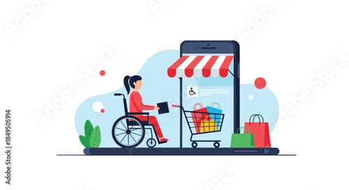 Woman in a wheelchair using a smartphone for accessible online shopping, adding items to her virtual cart from an e-commerce store.