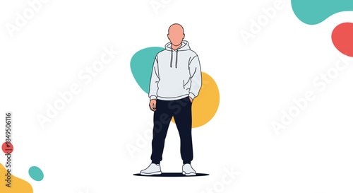 Faceless illustration of a modern man in casual streetwear, wearing a white hoodie, black pants, and sneakers, on an abstract background.