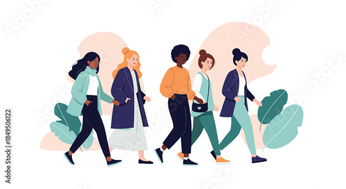 Group of five diverse young women walking together with confidence, illustrating sisterhood, female solidarity, and friendship.