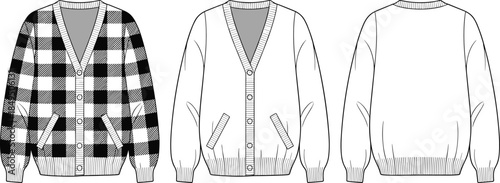 Black white checkered cardigan sweater front back view knitwear fashion apparel design CAD streetwear flat vector illustration