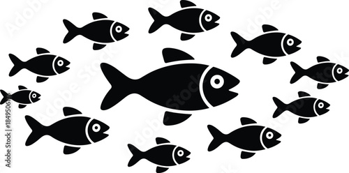 Big fish leading small fish, leadership concept, teamwork strategy, business growth symbol, minimalist black vector illustration