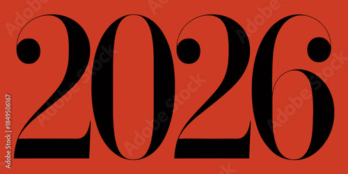 Stunning futuristic typography displaying the year 2026 in bold black numbers on a vibrant red background