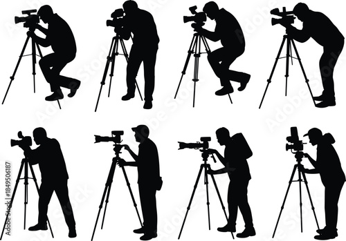 Cameraman silhouettes filming with professional video cameras on tripods media production concept isolated on white background illustration