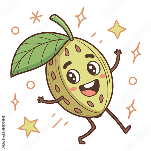 Adorable cartoon pomegranate character running joyfully with big sparkling eyes, wide smile, rosy cheeks, green leaf on top, arms raised, legs in motion, surrounded by shiny stars and sparkles