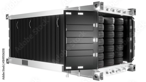 Close-up side view of car tires stack with carbon fiber wall copy space, Luxury garage atmosphere created by 3D modeling.