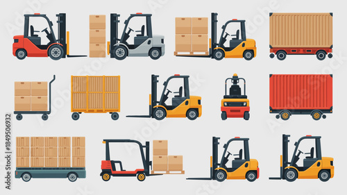 Variety of Forklifts and Cargo Carts in Vector Illustration