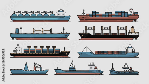 Diverse Collection of Cargo Ships A Vector Illustration for Maritime Industry