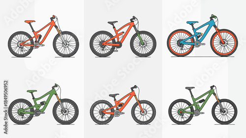 Colorful Array of Mountain Bikes with Full Suspension on White Background