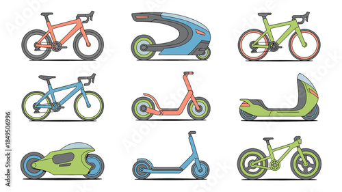 Diverse Collection of Cycling and Scooting Vehicles in Flat Vector Style