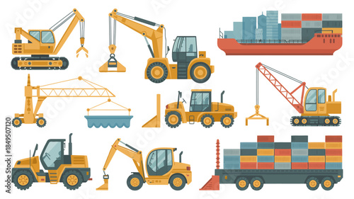 Construction and Shipping Vehicles Vector Illustration Set