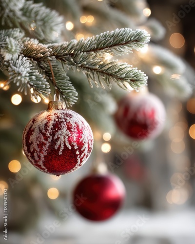Festive Christmas Ornaments Hanging from Frosted Pine Branches with Glowing Holiday Lights in Background