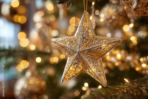 Elegant Gold Star Ornament Hanging on Christmas Tree with Bright Soft Lights and Glimmering Bokeh Background