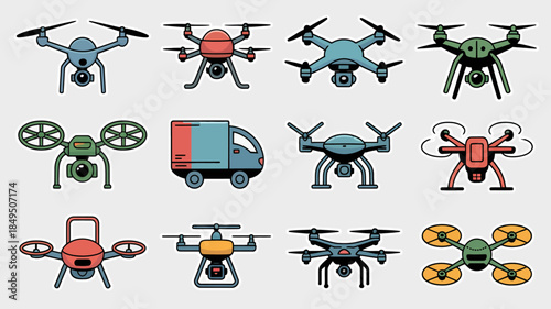 Drone Collection Modern Aerial Technology and Delivery Vehicle Set