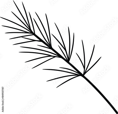 Minimalist black line art pine branch with sharp needles