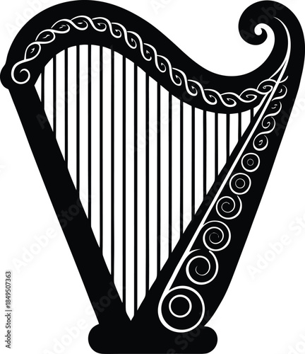 Irish Harp silhouette black vector traditional celtic harp with swirling ornaments