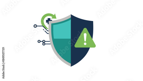 Cybersecurity shield with warning symbol and circuit board elements