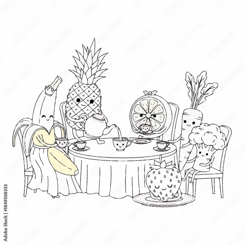 Fototapeta premium Happy fruits and vegetables enjoying a formal tea party together