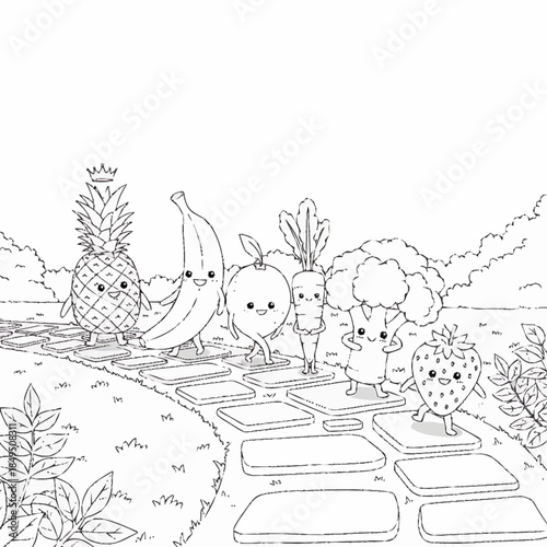 Happy cartoon fruits and vegetables walking on garden path