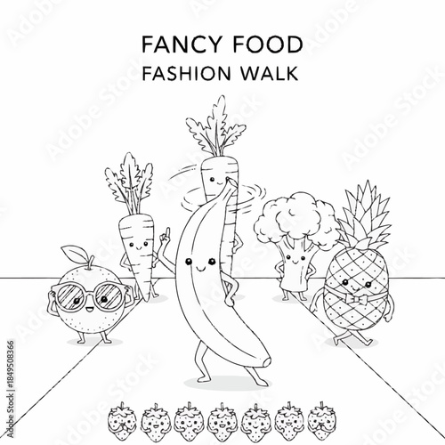 Funny fruits and vegetables walking on a fashion runway