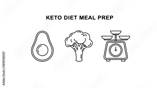 Keto Diet Meal Prep: Avocado, Broccoli and Kitchen Scale Icon Set
