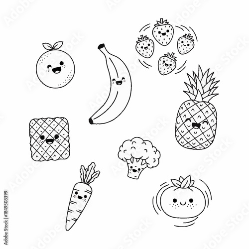 Collection of happy cartoon fruits and vegetables with faces