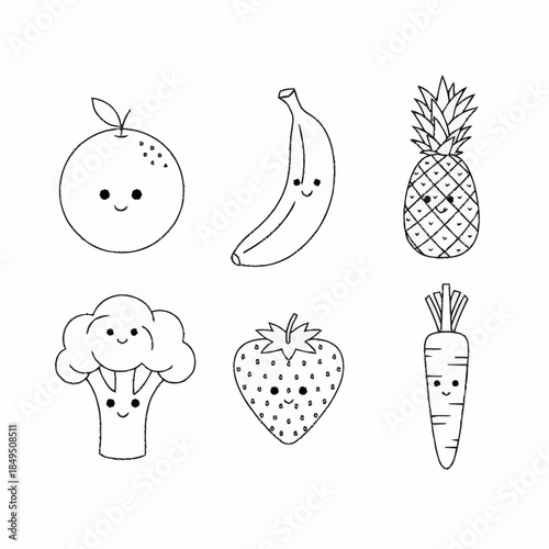 Circle arrangement of kawaii fruits and vegetables