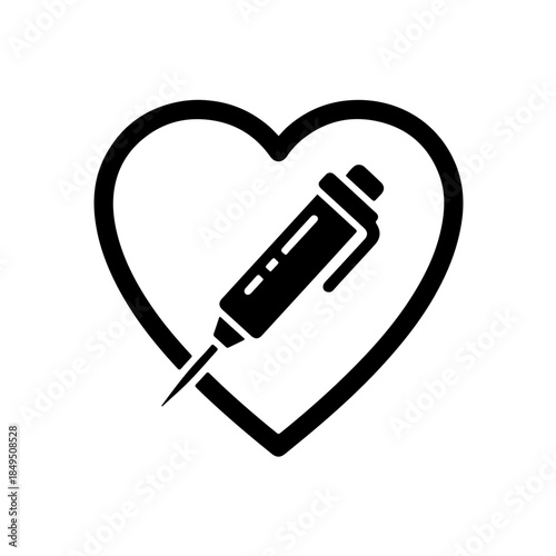 icon featuring an insulin pen syringe inside a heart shape, representing vital diabetes care, long-term health, and the prevention of cardiovascular complications