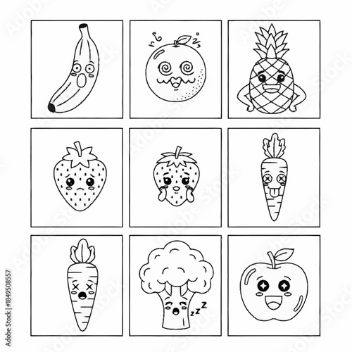 Collection of cartoon fruits and vegetables with various funny and distressed expressions in individual square frames, outline drawing