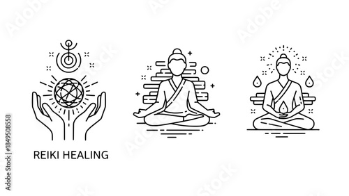 Line art trio: Reiki healing with cupped hands and globe, meditating figure with aura, and energy droplets around a seated practitioner