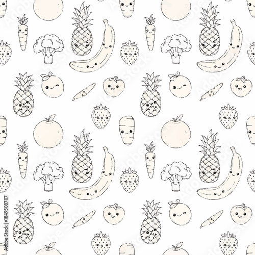 Cute cartoon fruits and vegetables seamless pattern with kawaii faces
