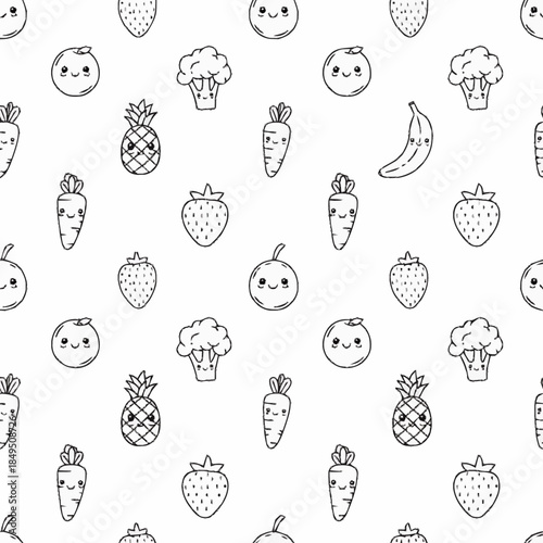 Funny kawaii food pattern with smiling fruits and vegetables