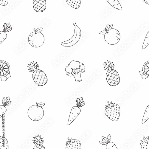 Outline drawing of fruits and vegetables seamless pattern