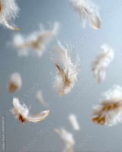 Delicate Feathers Floating Gracefully Against a Soft Gray Background in a Dreamy and Ethereal Style