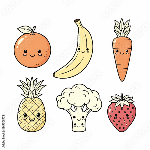 Coloring pages featuring smiling cartoon fruits and vegetables