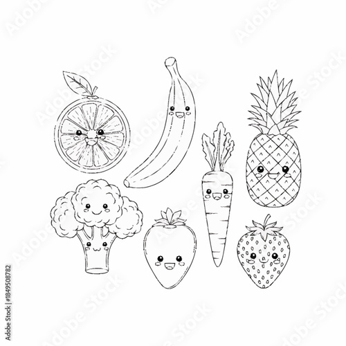 Group of cute cartoon fruits and vegetables for coloring book